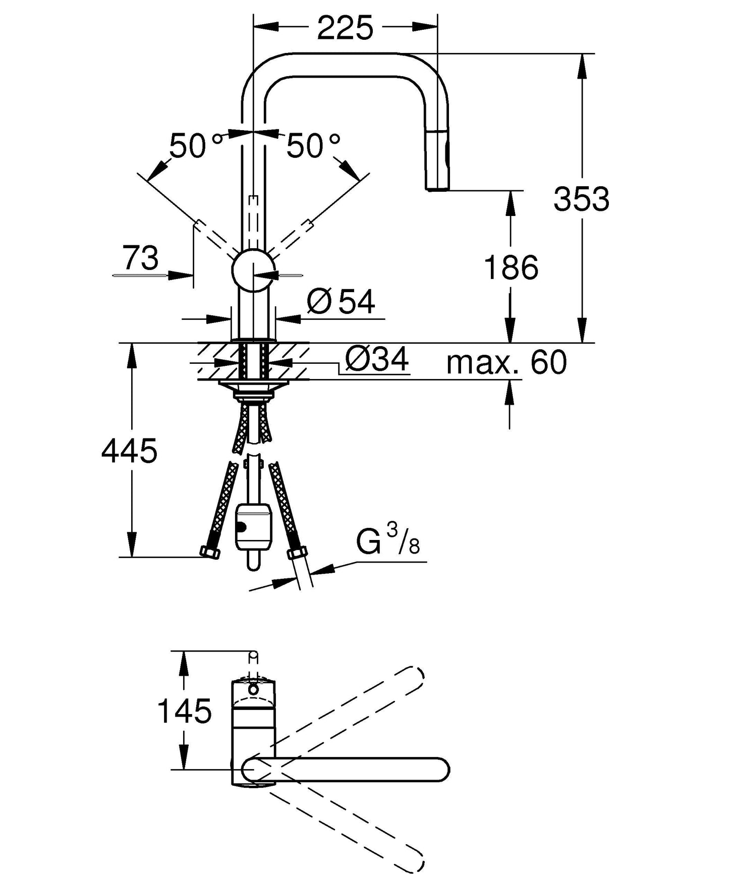 GROHE Minta - Miscelatore monocomando da cucina con doccetta estraibile (2 getti, bocca a U, raggio di rotazione a 360°, cartuccia in ceramica da 46 mm), Supersteel, 32322DC2