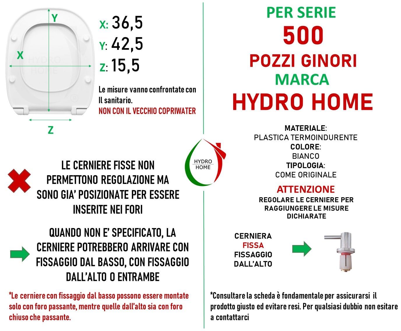 HYDRO HOME Tavoletta Wc Pozzi Ginori 500 Come Originale, Copriwater In Materiale Termoindurente,Tavoletta Water Con Cerniere Fissaggio Dall'Alto MADE IN ITALY (CHIUSURA CLASSICA)