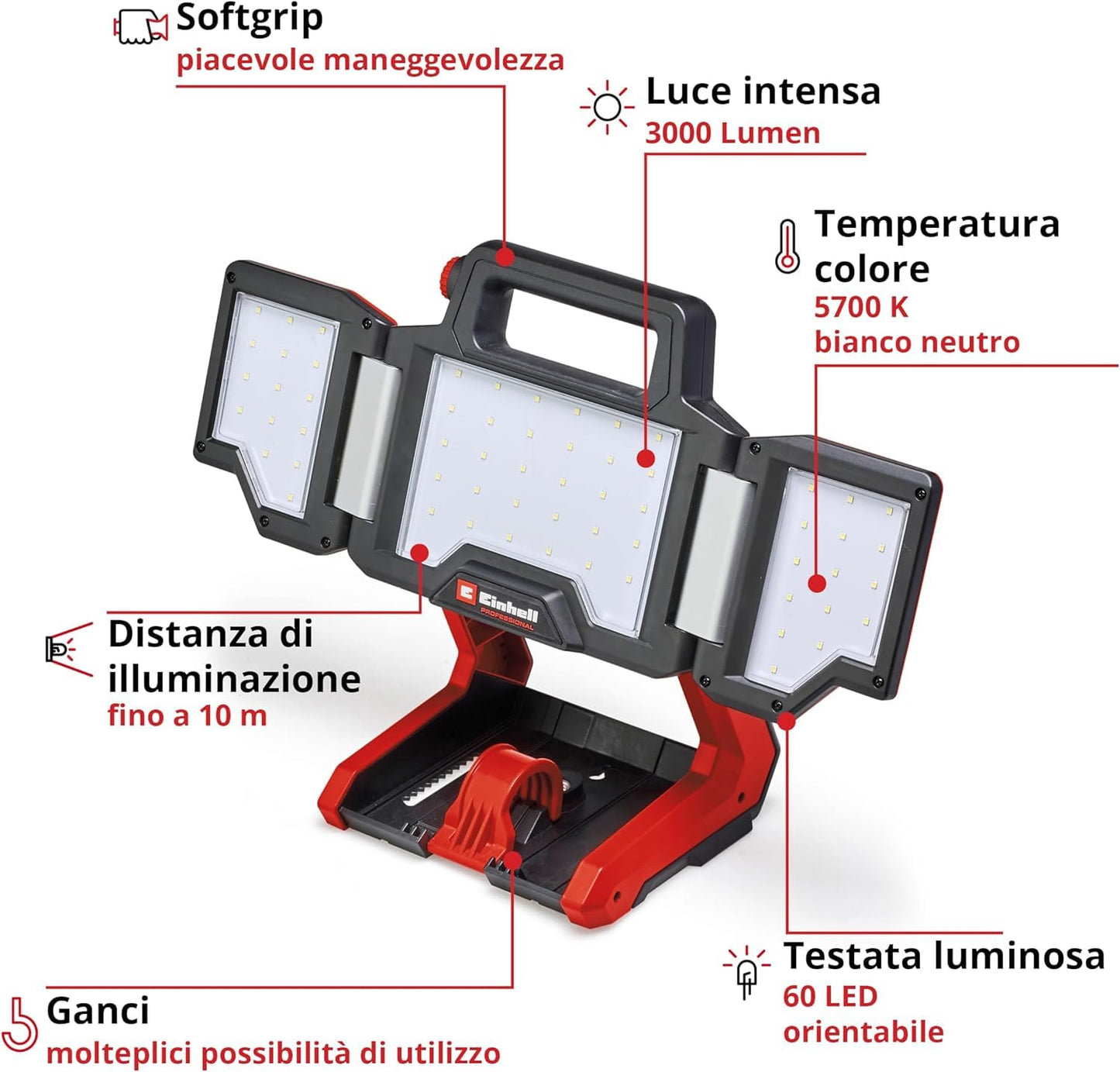 Einhell Lampada ricaricabile TP-CL 18/3000 Li-Solo Power X-Change (18 V, 3000 lm, testata orientabile, pannelli luminosi pieghevoli, 60 LED, regolazione della luminosità, senza batteria)