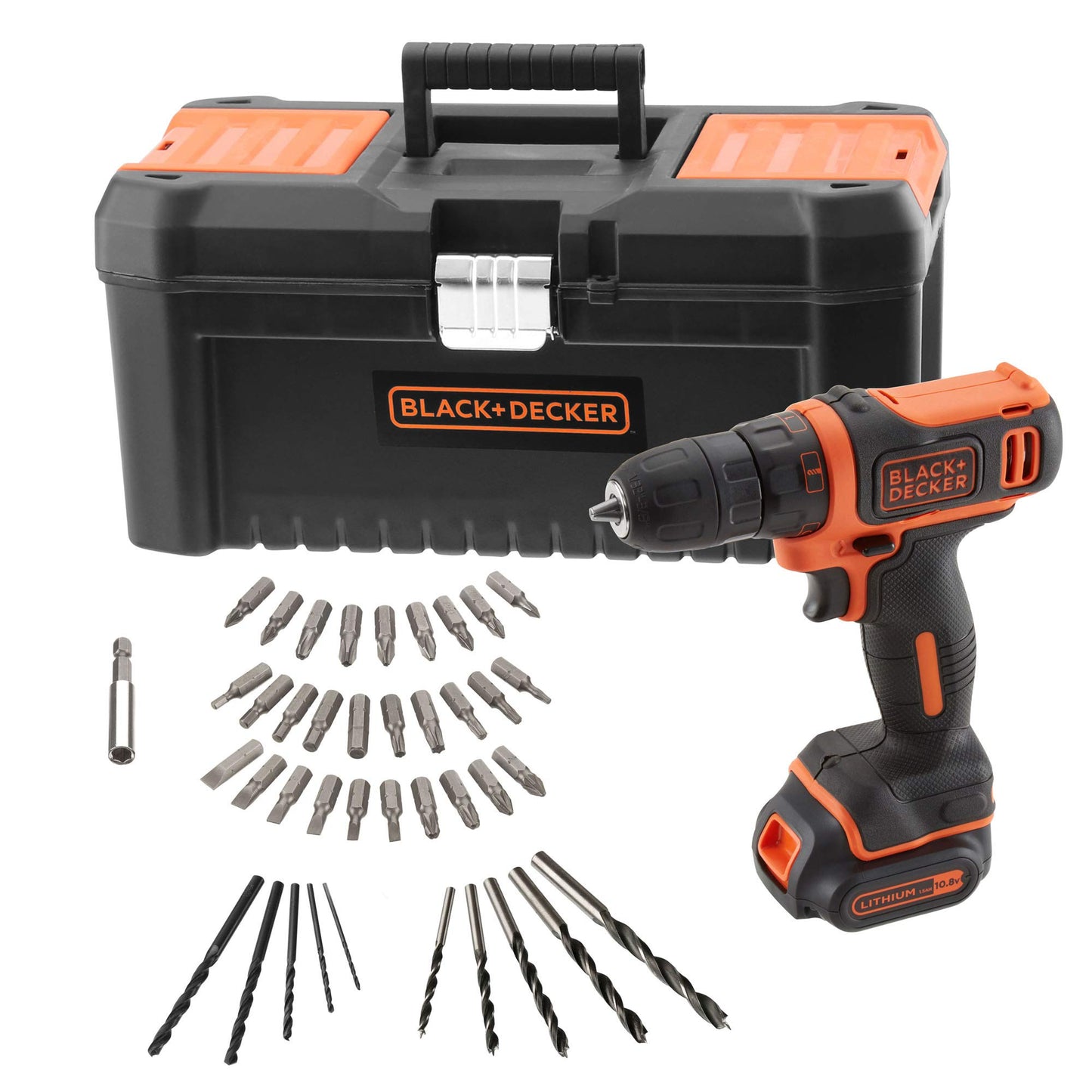 ‎BLACK+DECKER BDCDD121KA-QW Trapano avvitatore 10.8 V con 1 batteria AH di litio, 40 accessori e cassetta degli attrezzi 16 '