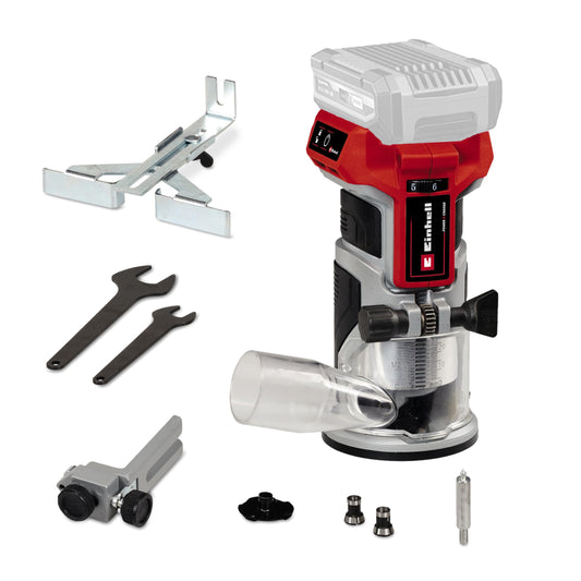 Einhell Power X-Change - Router portatile senza fili, 18 V, motore senza spazzole, altezza corsa 40 mm, regolazione fine della profondità, router manuale TP-ET 18 Li BL lavorazione del legno, batteria