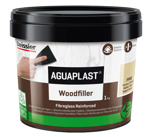 Aguaplast Woodfiller 1 kg Stucco fibrato pronto all’uso per riempire buchi e crepe su legno in mano unica senza ritiro. Colore Rovere, Riempie fino a 5 mm, Senza solventi