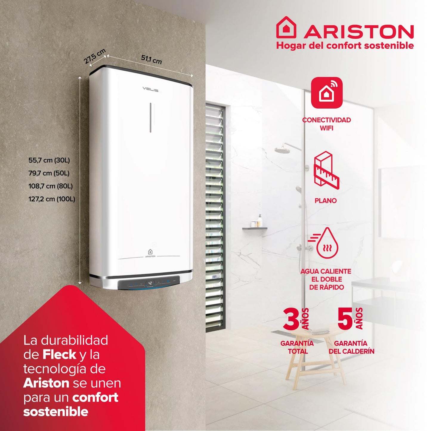 Ariston Velis Pro Wifi - Scaldabagno elettrico a basso consumo multiposizione, Thermos elettrico, 50 litri piatto, Wifi e funzione ECO-EVO 79,7 x 27,5 x 51,1 cm, installazione in Spagna