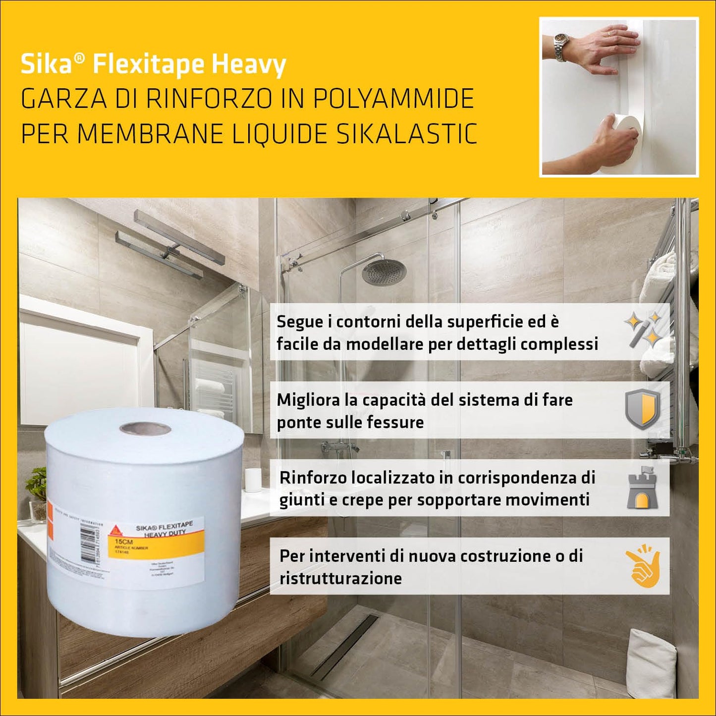 Sika - SikaFlexitape Heavy, Bianco - Garza di rinforzo in polyammide per membrane liquide Sikalastic - Rotolo da 15 cm x 50 m