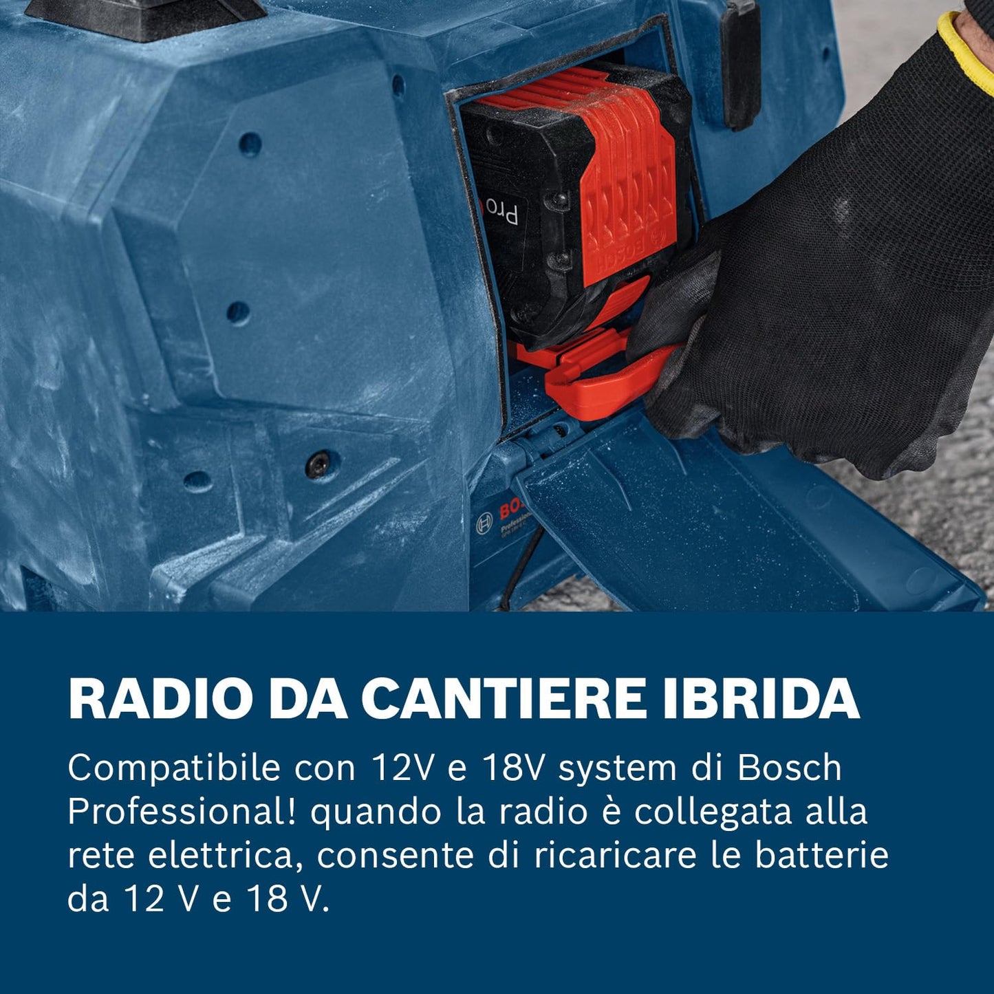 Bosch Professional Radio a batteria GPB 18VH-6 SRC 18V/12V System (ricarica integrata per 18V e 12V, incl. apribottiglie, 2 batterie AAA, pellicola protettiva schermo, senza batteria/caricabatteria)