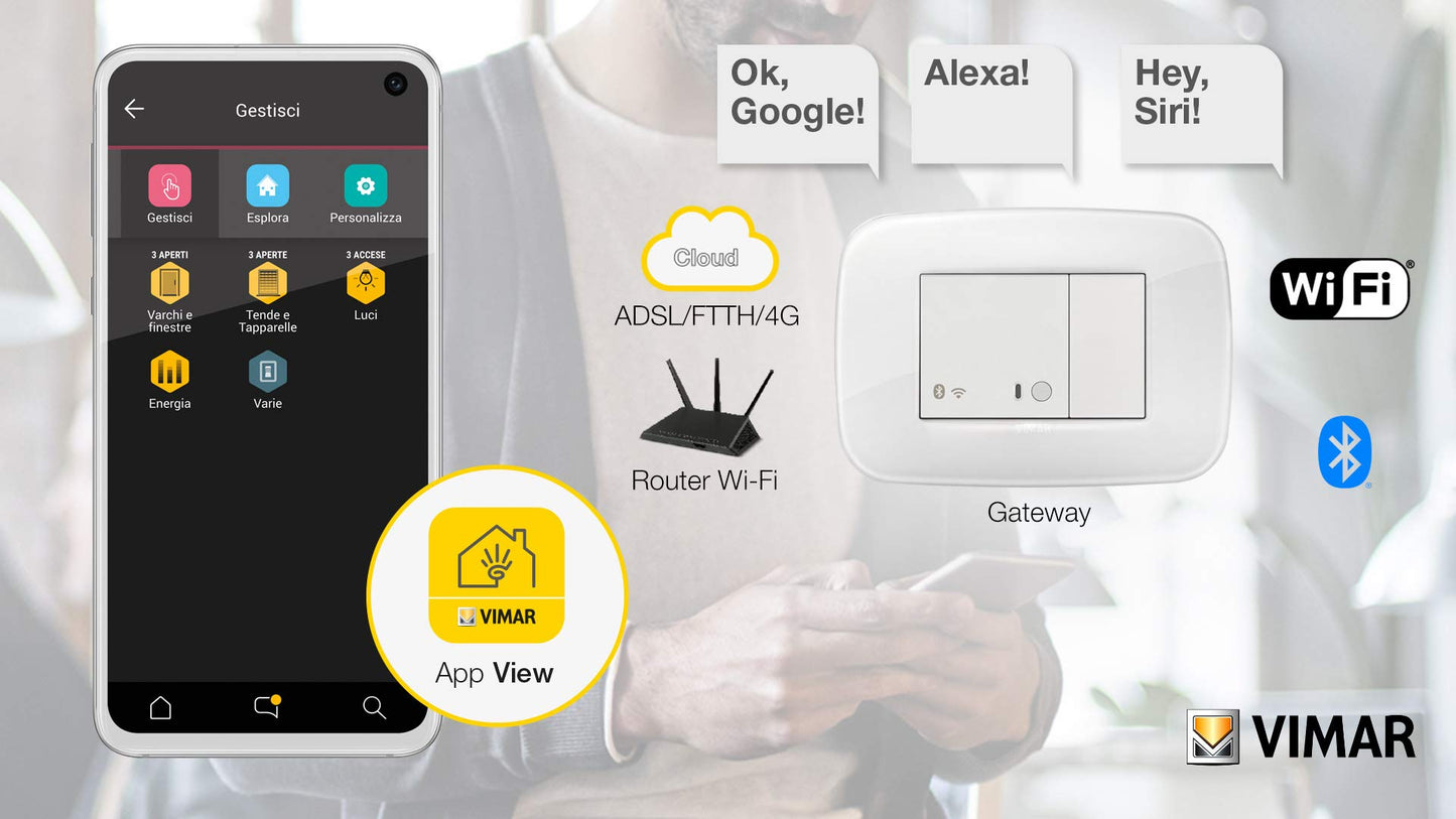 Vimar 19597.B Arké Gateway connesso IoT Bluetooth Wi-Fi per integrazione, configurazione, supervisione di VIEW Wireless, mediante Cloud e App, 2 moduli