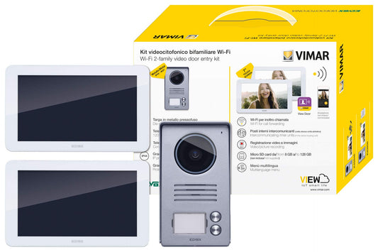 VIMAR K40956 Kit videocitofonico da parete con: 2 videocitofoni touch screen vivavoce Wi-Fi a colori LCD 7", targa audiovideo 2 pulsanti, 2 alimentatori, completo di staffe per il fissaggio, bianco