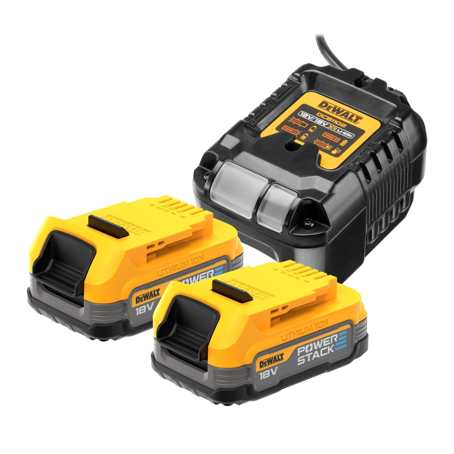 Dewalt Powerstack - Kit batteria da 18 Volt DCB1102E2 (1,7 Ah, innovativa tecnologia a celle Pouch, utilizzabile in tutte le macchine a batteria da 18 V XR, con indicatore di capacità tramite LED, con