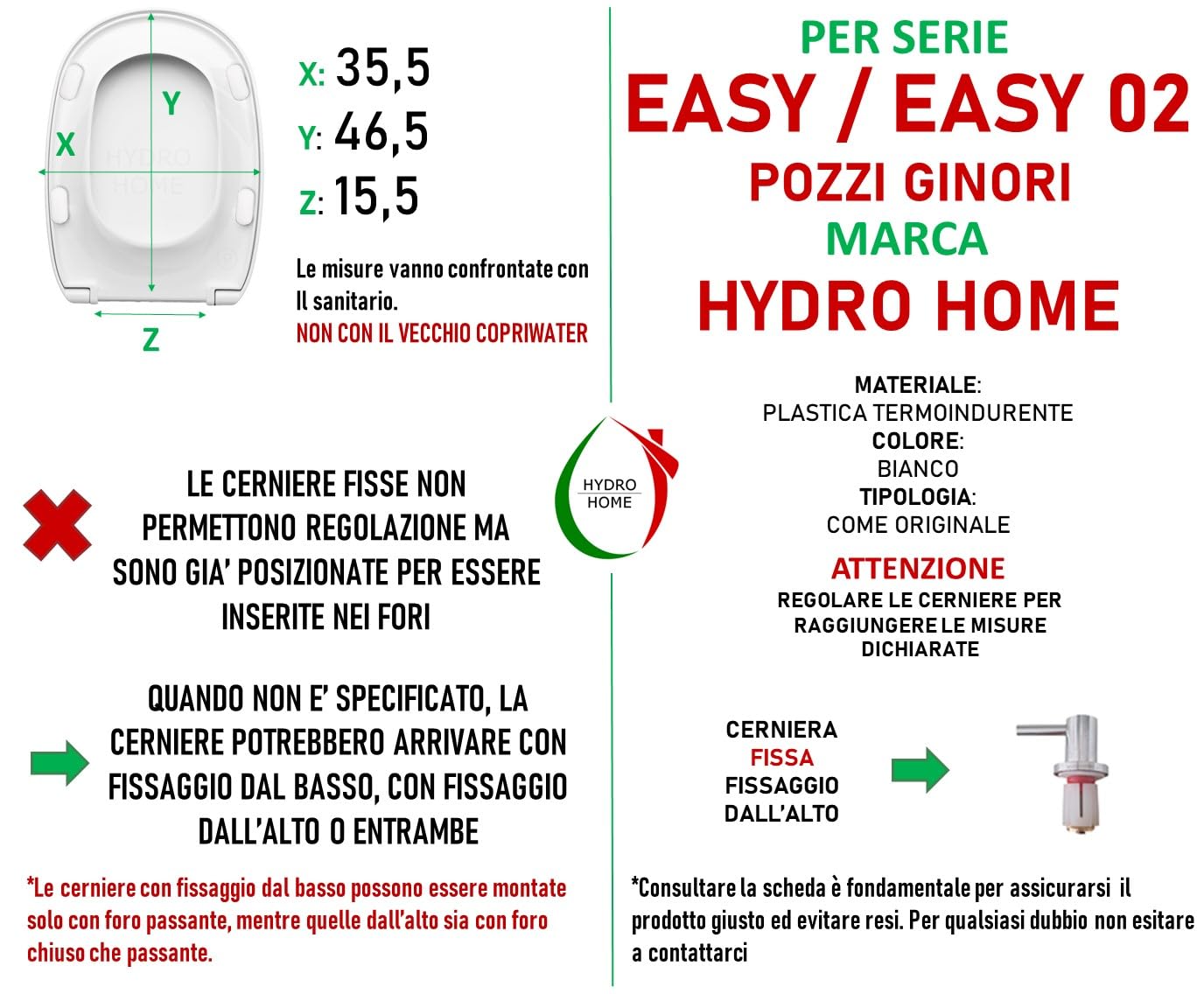 HYDRO HOME Tavoletta Wc Pozzi Ginori Easy e Easy 02 Come Originale, Copriwater In Materiale Termoindurente,Tavoletta Water Con Cerniere Fissaggio Dall'Alto MADE IN ITALY (CHIUSURA CLASSICA)