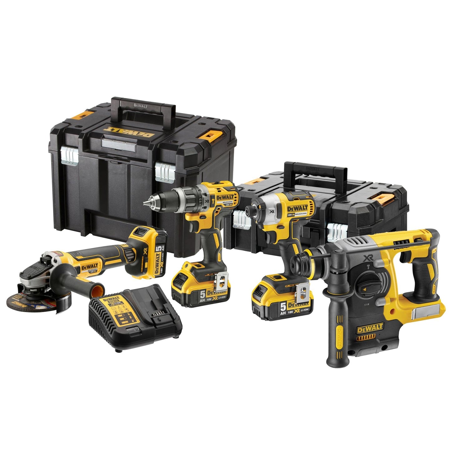 DEWALT DCK422P3T-QW- KIT XR 18V=DCD796 Trapano a percussione + Avvitatore a percussione DCF887 + Smerigliatrice DCG405 + Martello DCH273 + 3 batterie agli ioni di litio da 5,0 Ah + TSTAK II + TSTAK VI