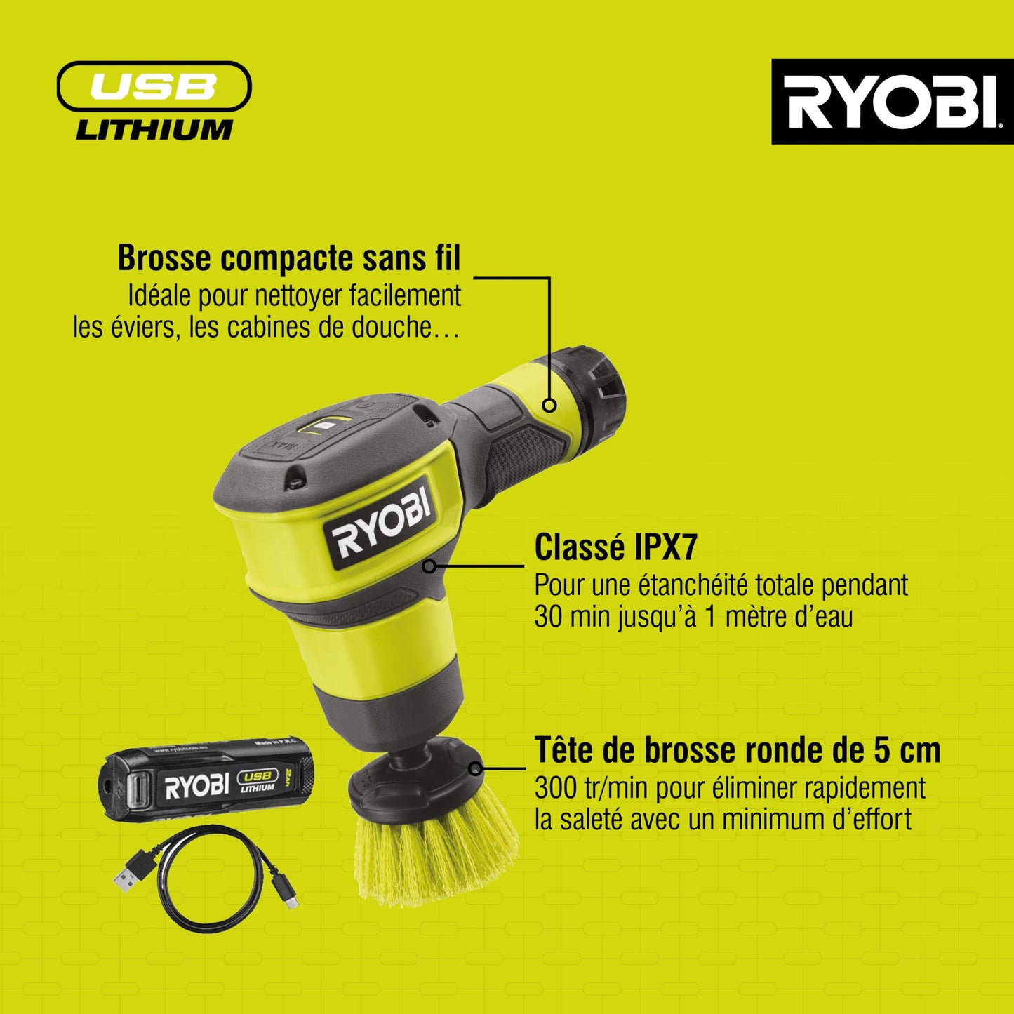 Ryobi RSCR4-120G, Spazzola Elettrica senza Fili a Batteria 4V USB 2.0Ah + Caricabatterie, Testina Rotonda da 5 cm, Grado di Protezione IPX7, Batteria Ricaricabile al Litio USB + Cavo