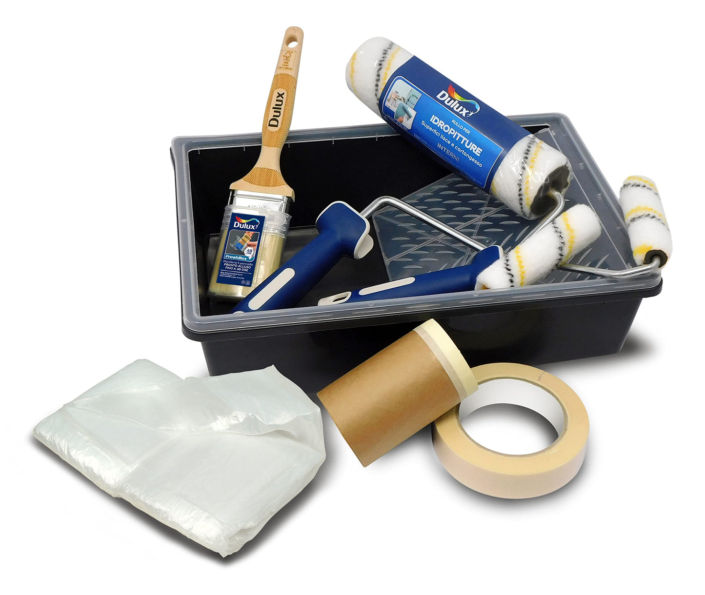 Dulux KIT PITTURA MURALE, Set Completo da Interno per Imbiancare Pareti e Soffitti con Rulli Pittura, Vaschetta con Griglia, Pennello, Telo Pavimento, Nastro Carta e Copertura Battiscopa