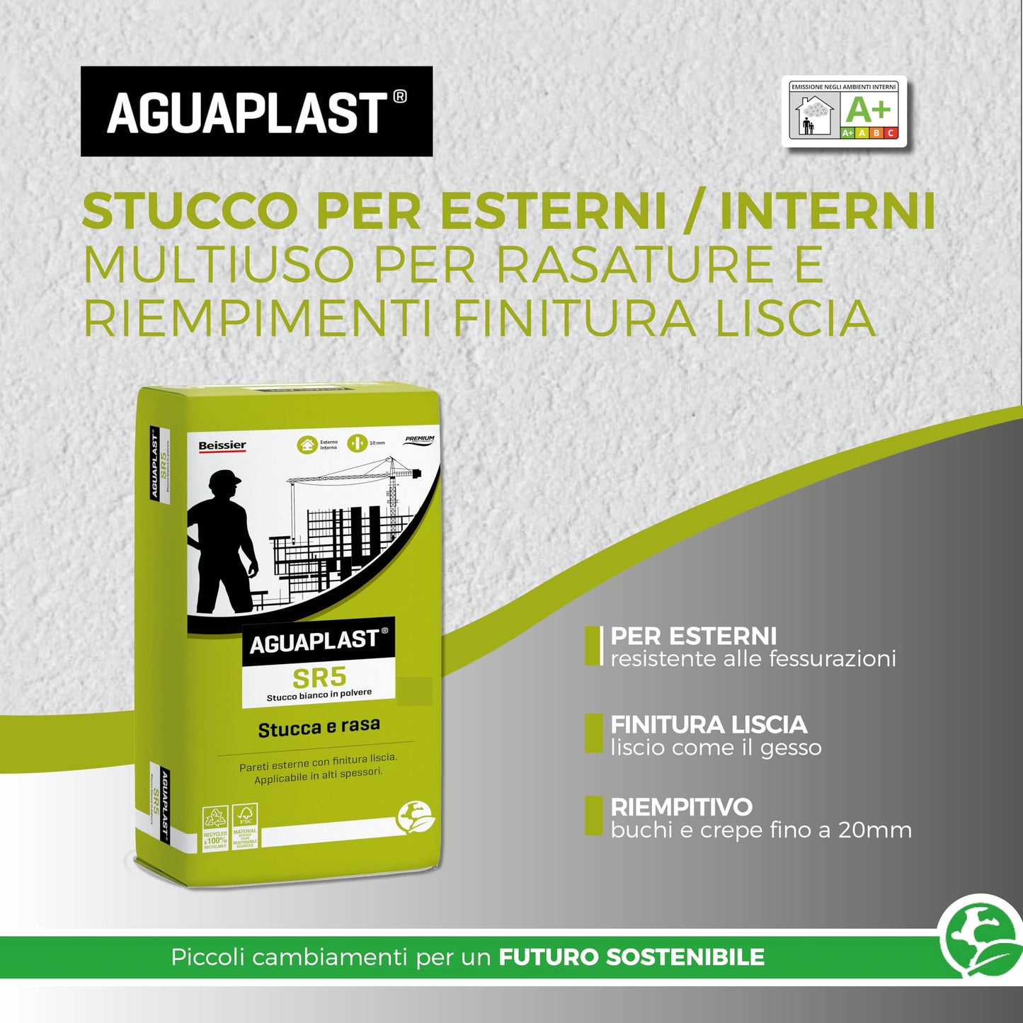 AGUAPLAST SR5 - Stucco per esterni/interni liscio bianco per riempimenti e rasature 6kg