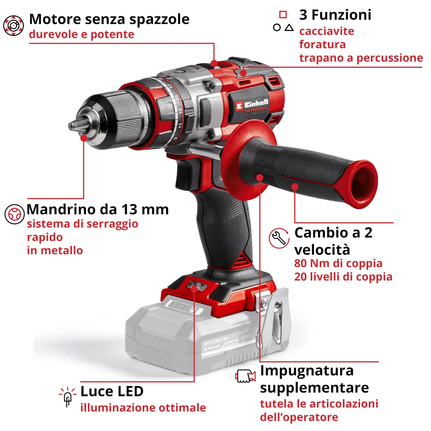 Einhell Professional trapano a percussione a batteria TP-CD 18/80 Li BL-Solo Power X-Change (18 V, Brushless, 80 Nm, funzione percussione, 2 velocità, mandrino 13 mm, senza batteria)