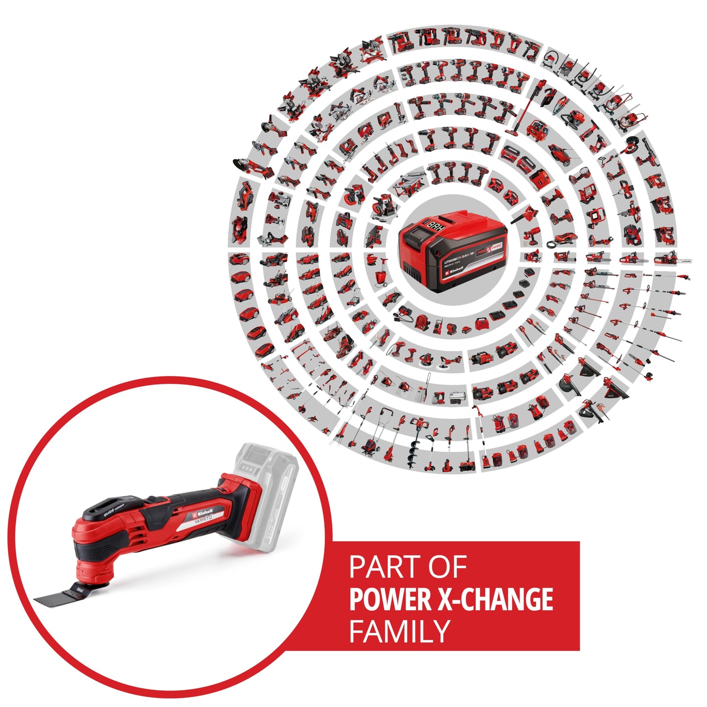 Einhell Utensile Multifunzionale a Batteria Varrito, Power X-Change (Li-Ion, 18 V, 11000-20000 min.-1, blocco rapido, portautensili regolabile in 12 posizioni) Nero/Rosso