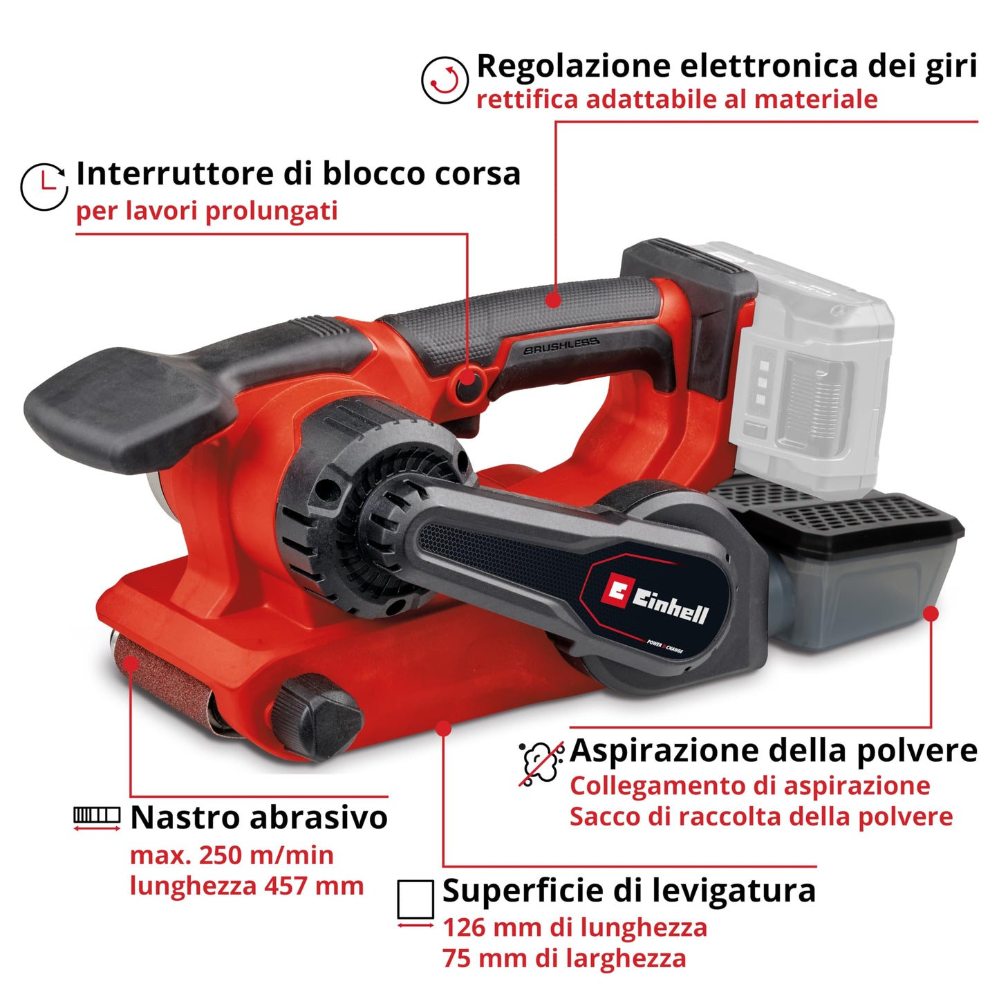 Einhell Levigatrice a batteria TP-BS 18/457 Li BL-Solo Power X-Change (18 V, batterie agli ioni di litio, motore Brushless, incl. 3 nastri abrasivi a grana 80 da 457x75 mm, senza batt. e caricabatt.)