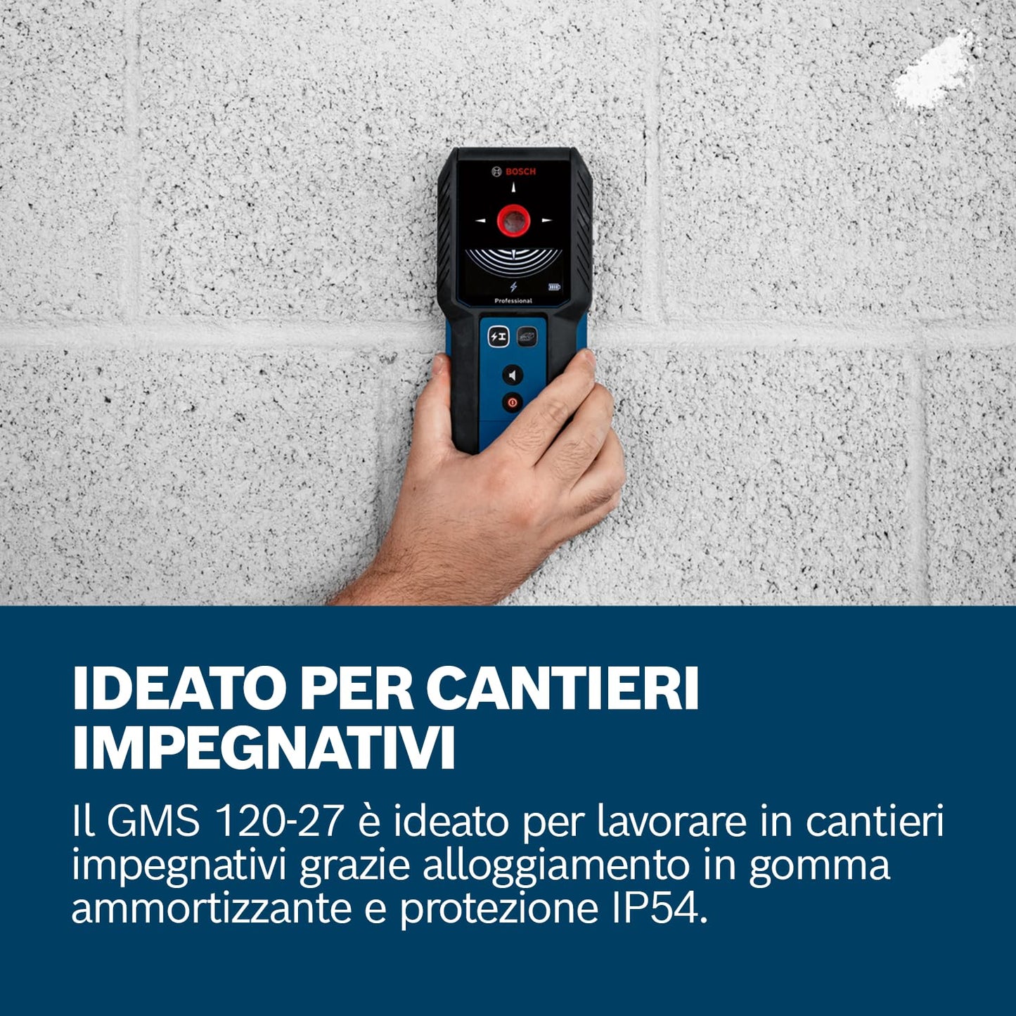 Bosch Professional Wallscanner GMS 120-27 (cavo USB-C, profondità di rilevazione max. metallo non magnetico/metallo magnetico/cavo sotto tensione/legno: 120/100/50/30 mm, 2 batterie AA, custodia)