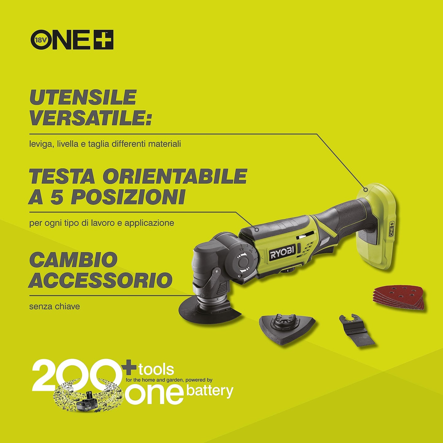 Ryobi R18MT-0 Utensile Multifunzione a Batteria 18V ONE+, Batteria non Inclusa, Testa Orientabile a 4 Posizioni, Velocità Variabile a 6 Posizioni, per Levigare, Livellare e Tagliare