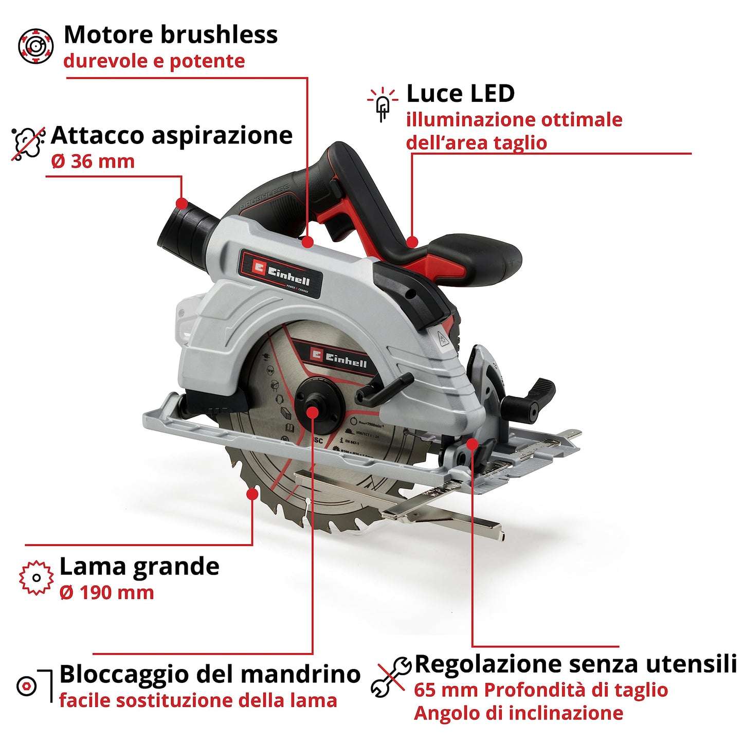 Einhell Sega circolare a batteria TE-CS 18/190 Li BL - Solo Power X-Change (18V, giri al min. 3800, lama Ø190 x Ø20,taglio max 65 mm, luce led, senza batteria e caricabatteria)