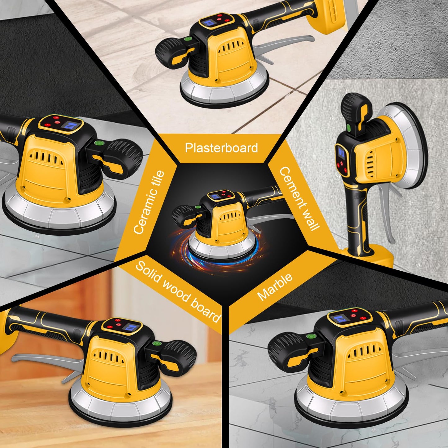 Piastrelle a batteria, compatibile con batteria Dewalt da 20 V, vibratore per piastrelle a 10 marce, display digitale, ventosa da 14,5 cm e assorbimento da 150 kg per la posa di piastrelle da 0,3 a