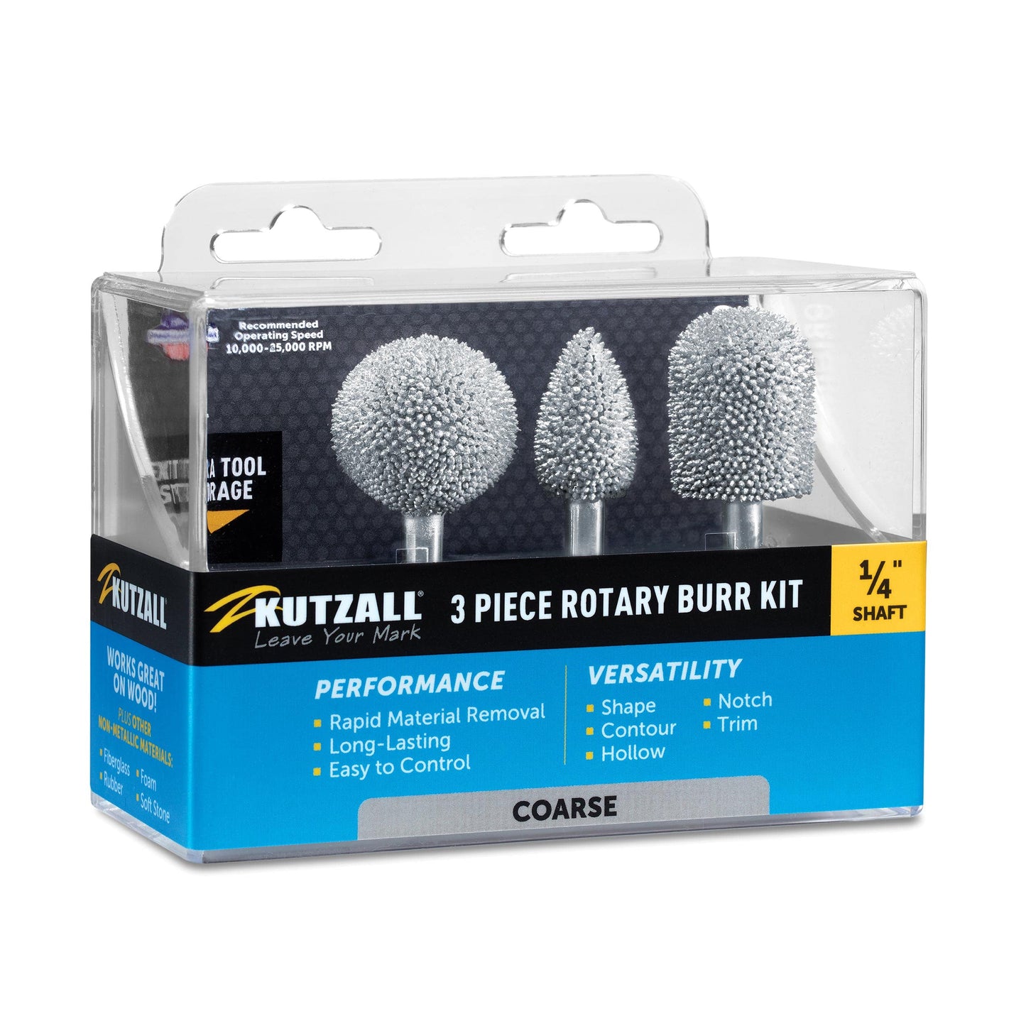 Kutzall Set di Frese Rotanti da 3 Pezzi - Albero da ¼", Grana grossa - Accessorio Falegnameria per Attrezzi Bosch, DeWalt, Makita, Milwaukee - Carburo di Tungsteno Strutturato