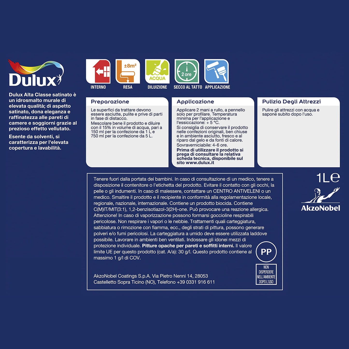 Dulux ALTA CLASSE Smalto Murale all'Acqua per Interni, Ottimo Camere e Soggiorni, 5 Litri, Satinato