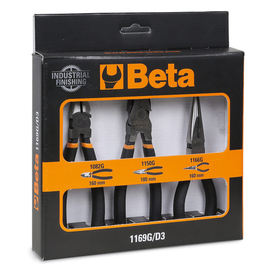 Beta 1169G/D3 - Assortimento di 1 pinza universale, 1 pinza becchi mezzotondi lunghi e 1 tronchese, con 2 strati di PVC antiscivolo con finitura industriale