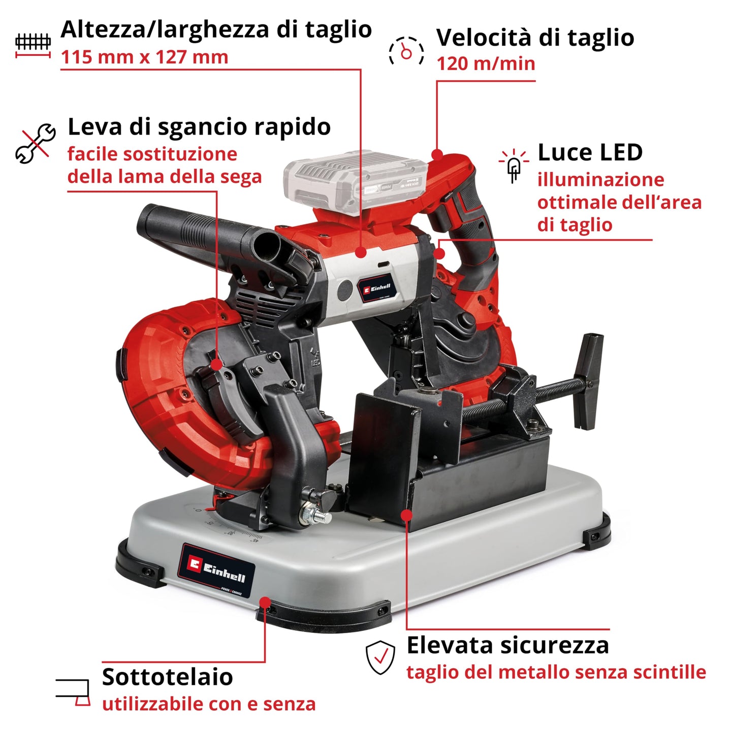 Einhell Sega a nastro per metallo a batteria TE-MB 18/127 U Li-Solo Power X-Change (18 V, altezza di taglio 115 mm, larghezza di taglio 127 mm, telaio inferiore, incl. 2 lame a nastro, senza batteria)