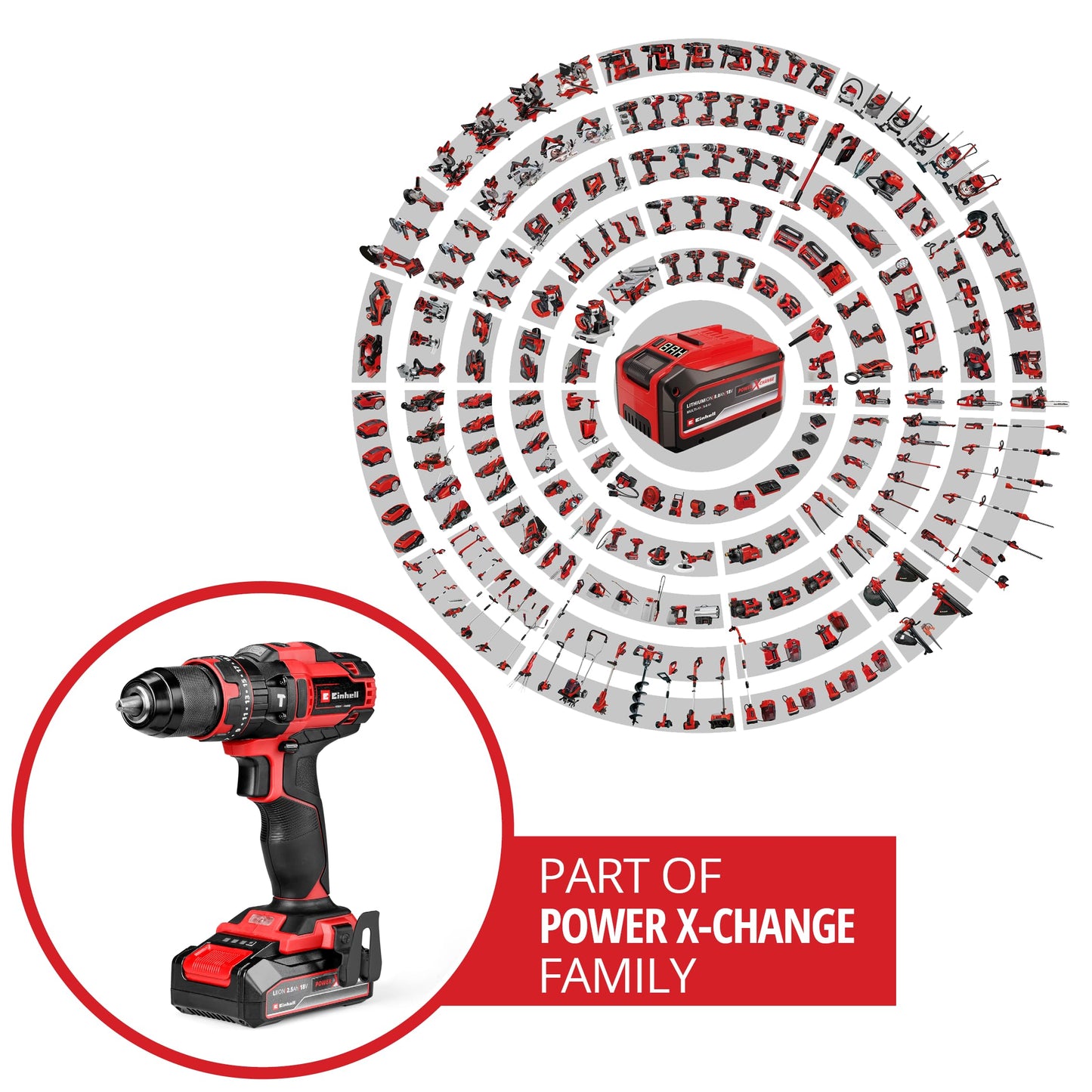 Einhell Trapano a percussione a batteria TE-CD 18/44 Li-i (1x2,5Ah) Power X-Change (18 V, 44 Nm, funzione percussione, mandrino in metallo 13 mm, 2 velocità, batteria da 2,5 Ah e caricabatterie)