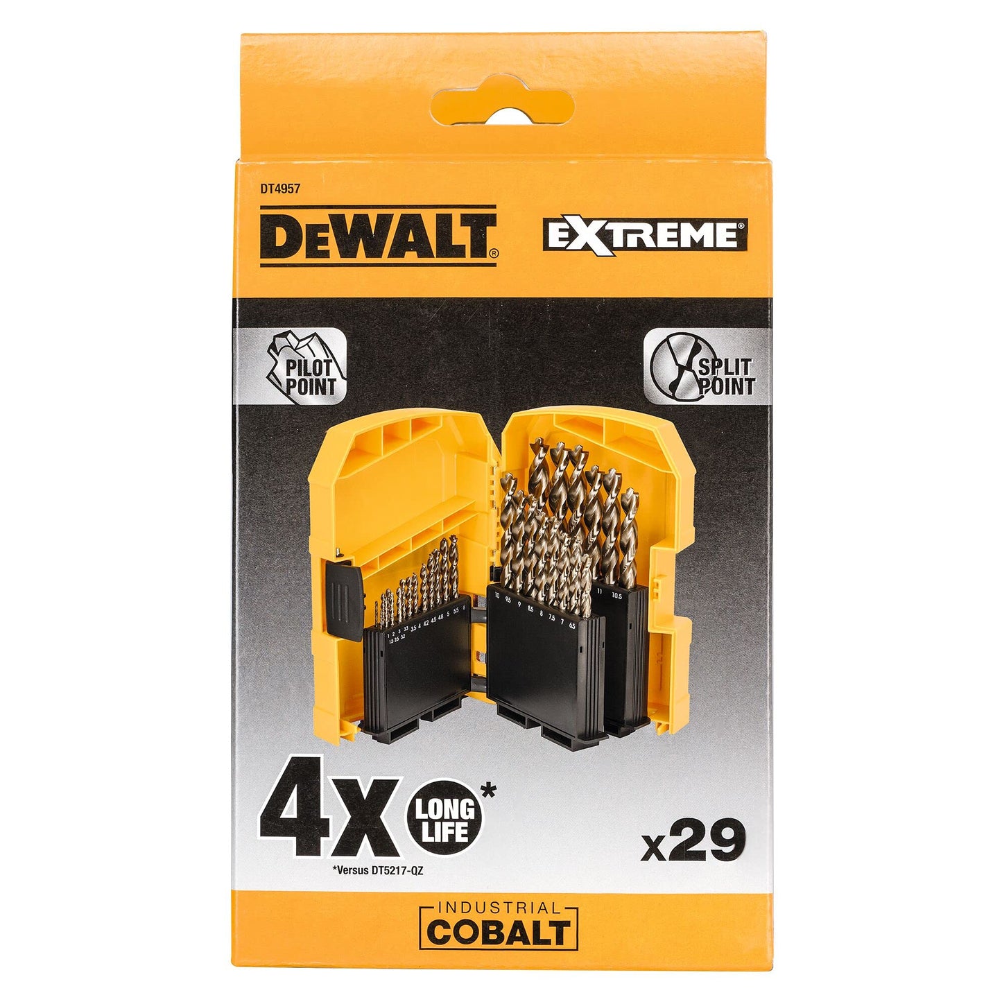 DEWALT DT4957-QZ Set 29 Punte HSS-CO Extreme, al Cobalto, Diametri 1, 1.5, 2, 2.5, 3, 3.2, 3.3, 3.5, 4, 4.2, 4.5, 4.8, 5, 5.5, 6, 6.5, 7, 7.5, 8, 8.5, 9, 9.5, 10, 10.5, 11, 11.5, 12, 12.5, 13 mm