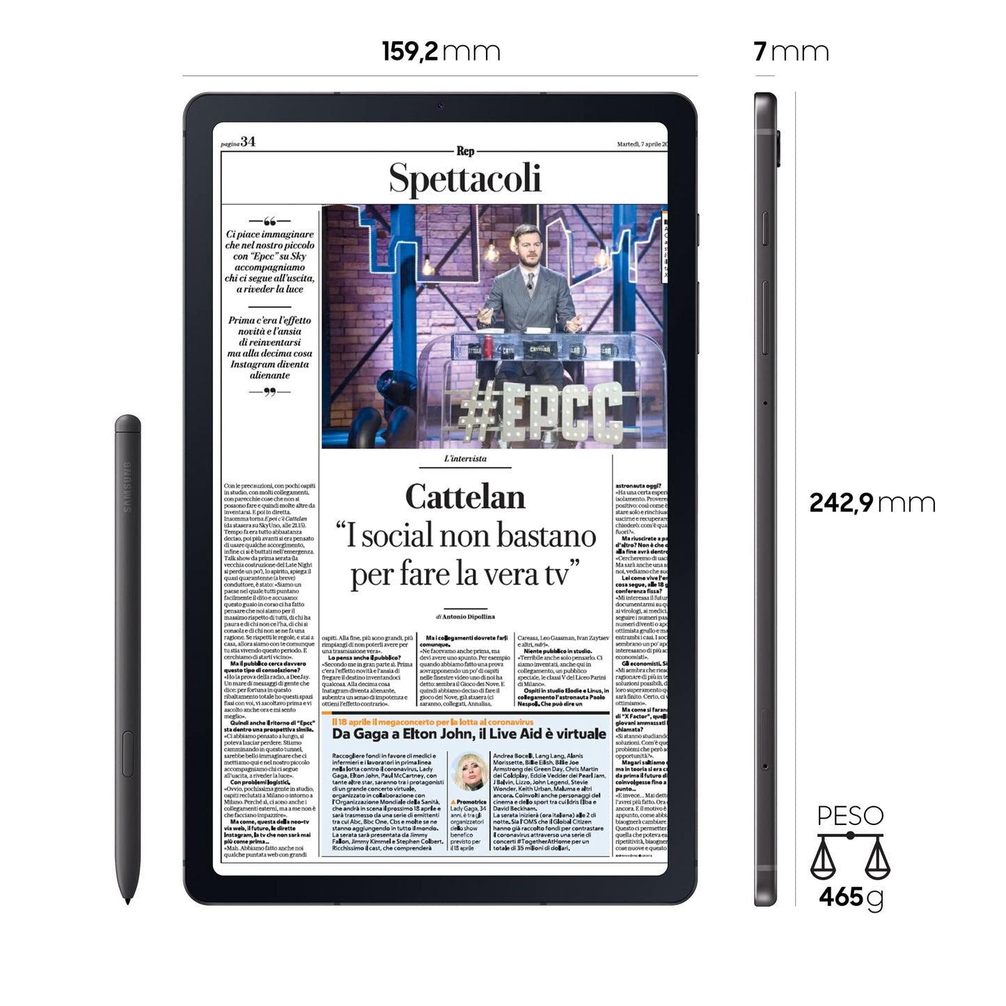 Samsung Galaxy Tab S6 Lite + S Pen, Tablet, Display 10.4" Wuxga+ Tft, 64 Gb Espandibili, Ram 4Gb, Batteria 7040 Mah, Grigio