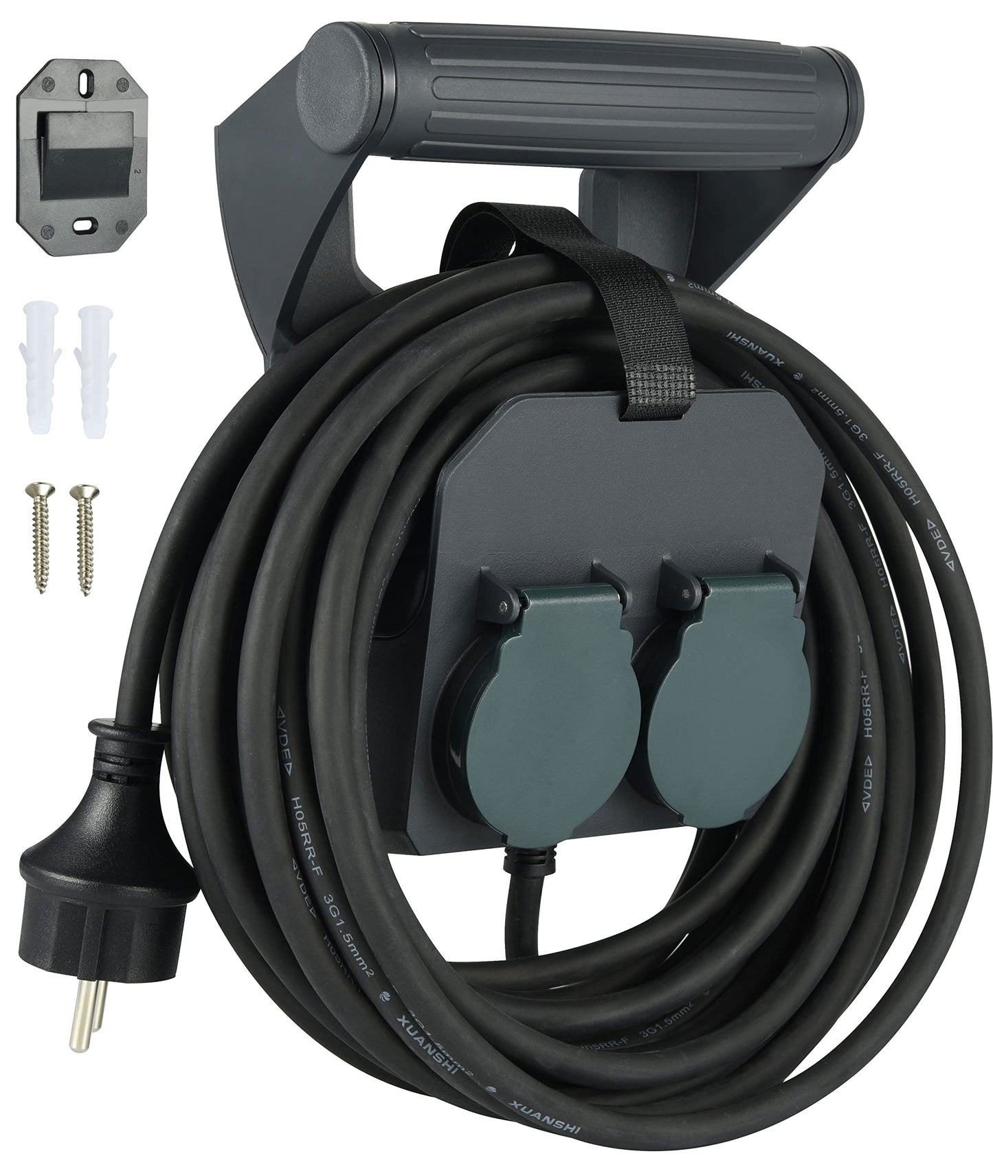 Electraline 01676 Prolunga elttrica Professionale 10M, IP44, 2 prese Schuko con tappi a chiusura automatica, Maniglia ergonomica con Avvolgi Prolunga, Avvolgicavo, Cavo H05RR-F 3G1.5 IP44, Nero