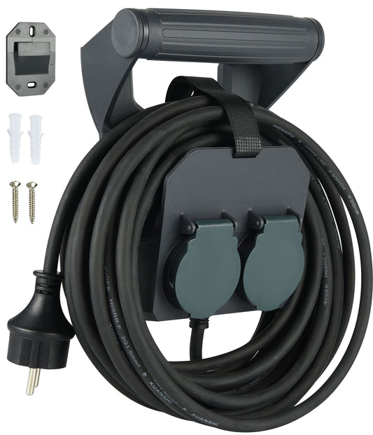 Electraline 01676 Prolunga elttrica Professionale 10M, IP44, 2 prese Schuko con tappi a chiusura automatica, Maniglia ergonomica con Avvolgi Prolunga, Avvolgicavo, Cavo H05RR-F 3G1.5 IP44, Nero