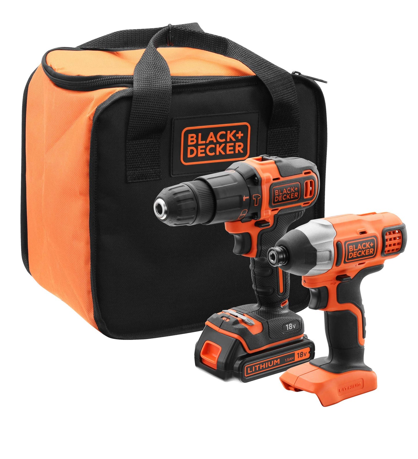 BLACK+DECKER BCK21S1S-QW - Kit trapano a percussione e avvitatore a impatto senza fili, 1 batteria, consegnato in sacchetto di immagazzinaggio, 18 V