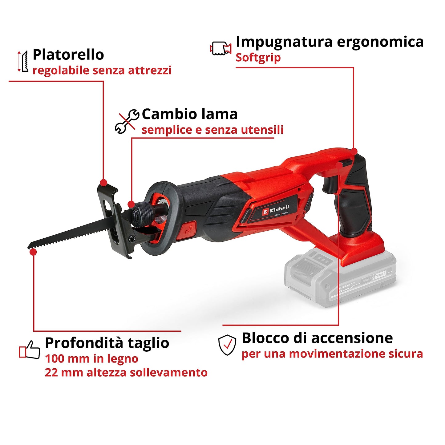 Einhell Te-Ap 18 Sega A Gattuccio Te-Ap18 Li Solo, Senza Batteria E Caricabatteria-Famiglia Power X-Change, Nero Rosso