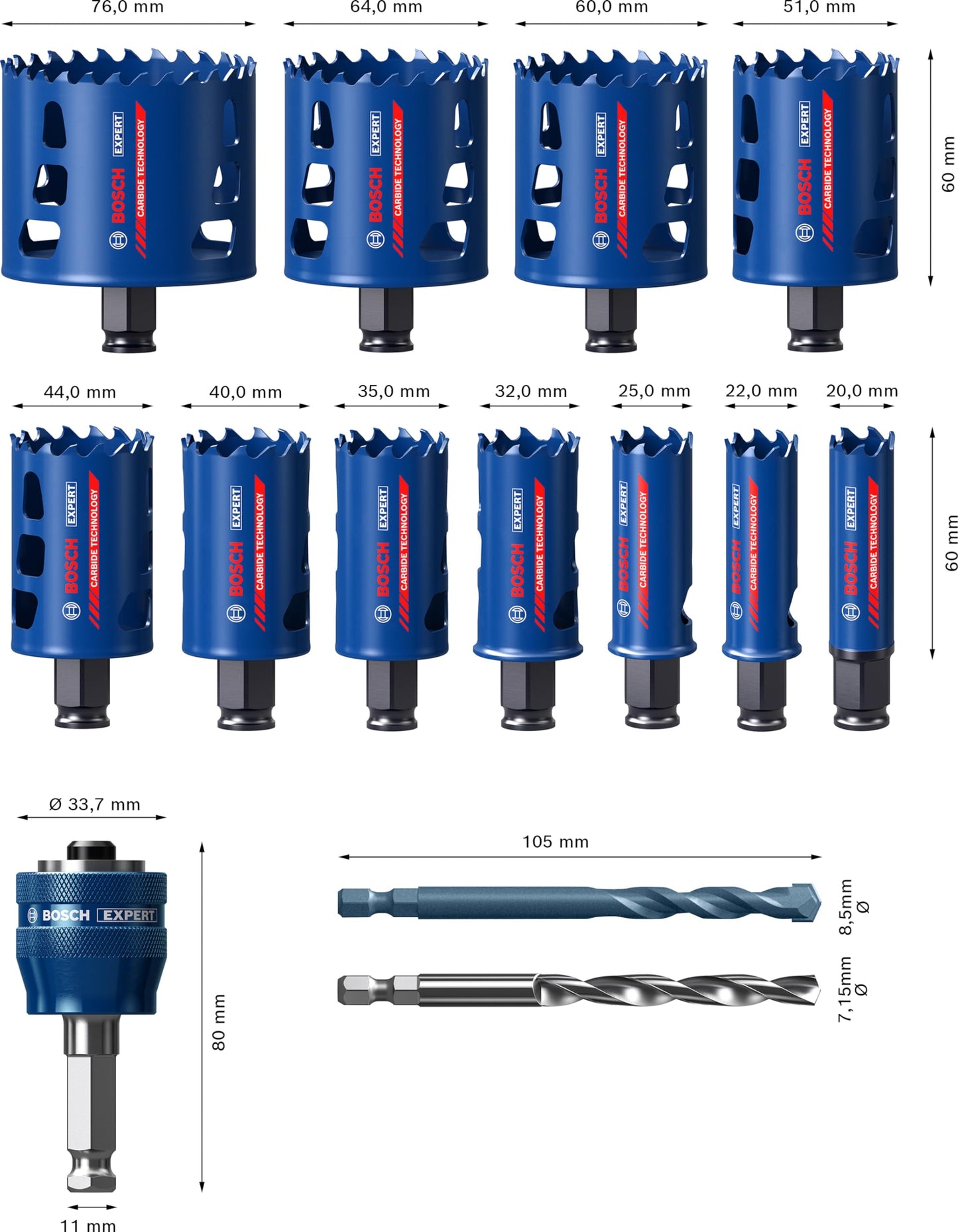 Bosch Professional 2608900447 14x Set di Seghe a Tazza Expert Tough Material (Accessorio Trapano a Percussione), Blu/Nero, Set Ø 20/22/25/32/35/40/44/51/60/64/76 mm