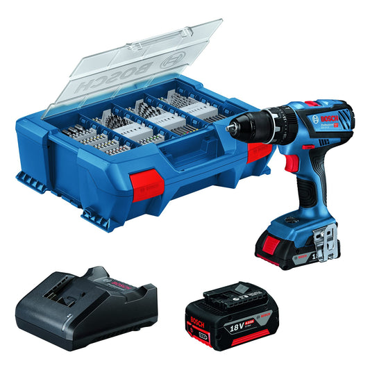 Bosch Professional 18V System Trapano-Avvitatore a Perc. a Batt. Gsb 18V-28 (Incl. 1 Batt. 2.0 Ah, 1 Batt. 4,0 Ah, Caricabatt. Gal 18V-20, L-Case Pick&Click e Set Accessori 100 Pz) Blue, 1/2_pollice