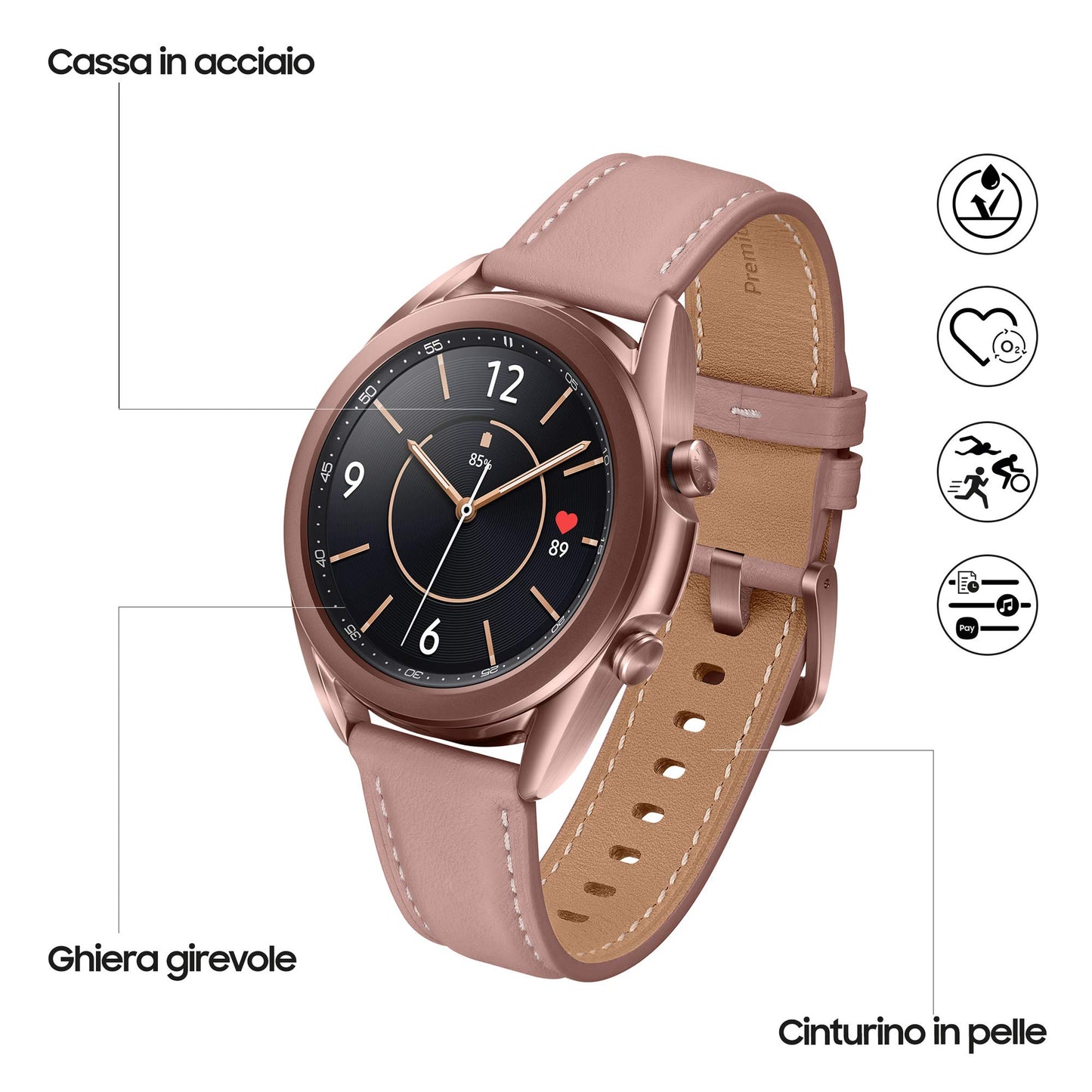 Samsung Galaxy Watch3 Smartwatch Bluetooth, cassa 41mm acciaio, cinturino pelle, Saturimetro, Rilevamento cadute, Monitoraggio sport, 48,2g, Batteria 247 mAh, IP68, Mystic Bronze [Versione Italiana]