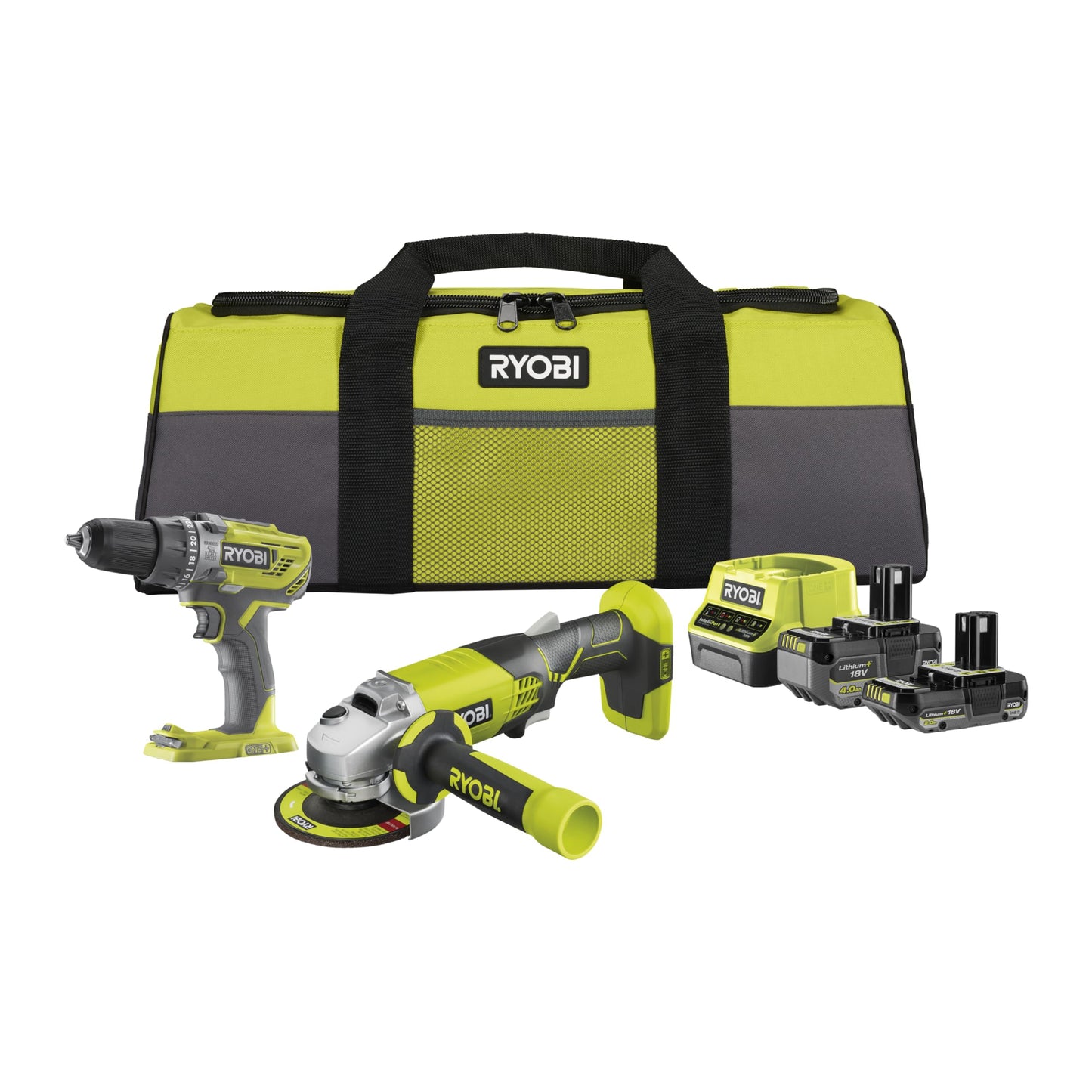 RYOBI - Duo 18 V ONE+: Trapano a percussione 50 Nm Mandrino 13 mm LED & Smerigliatrice 115 mm 7.500 giri/min - Viene fornito con 1 batteria 4 Ah, 1 batteria 2 Ah, un caricabatterie e una grande borsa