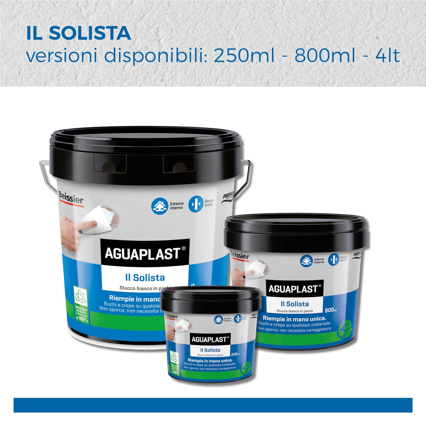 Aguaplast Il Solista, stucco leggero per riempire crepe e buchi in mano unica senza ritiro. Essicazione rapida 4lt