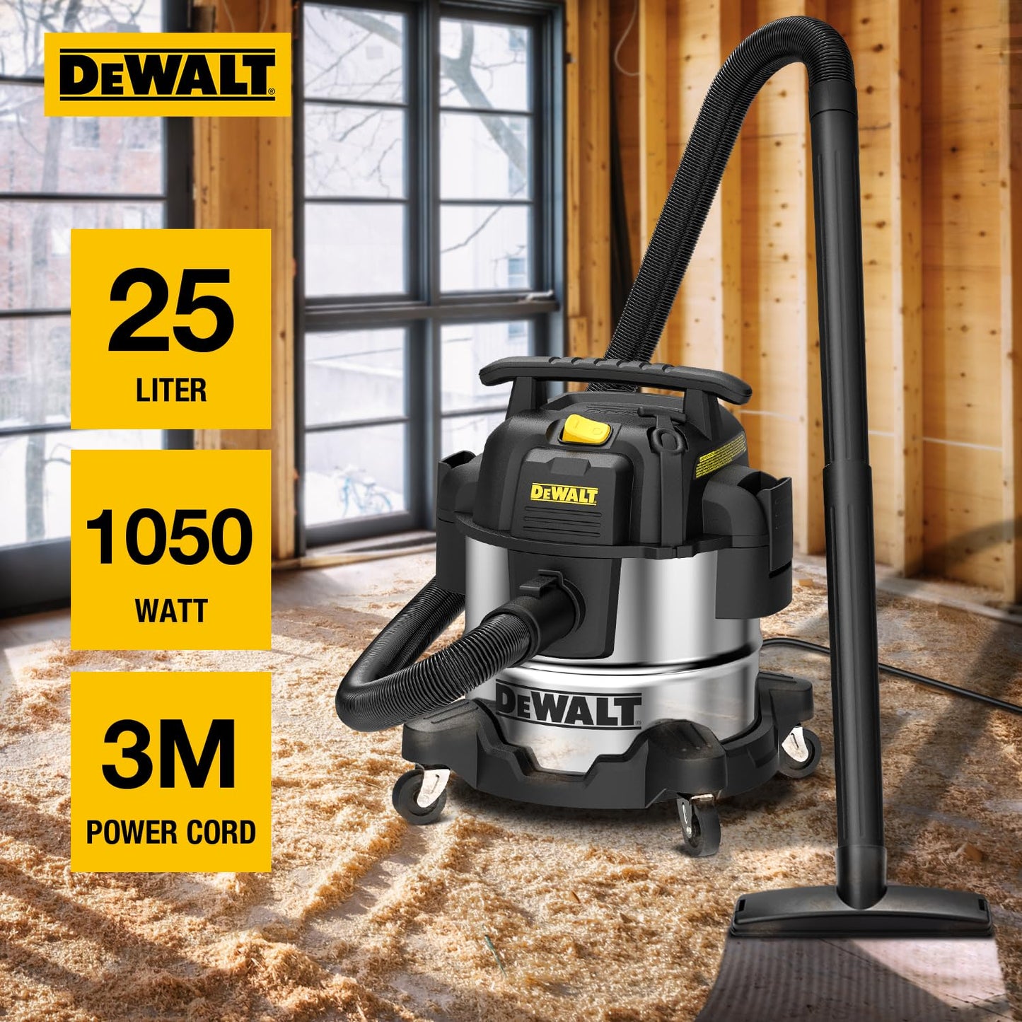 DeWalt Aspirapolvere per Solidi e Liquidi, Aspirapolvere Professionale in Acciaio Inossidabile, 25L,1050 W, DXV25S, Argento