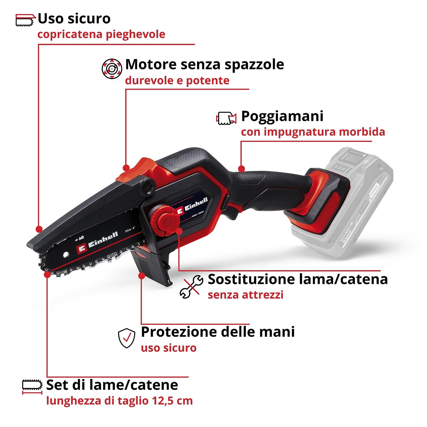 Einhell motosega a batterie GE-PS 18/15 Li BL-Solo Power X-Change (18 V, brushless, lunghezza di taglio 12,5 cm, cambio lama e catena senza attrezzi, senza batteria)