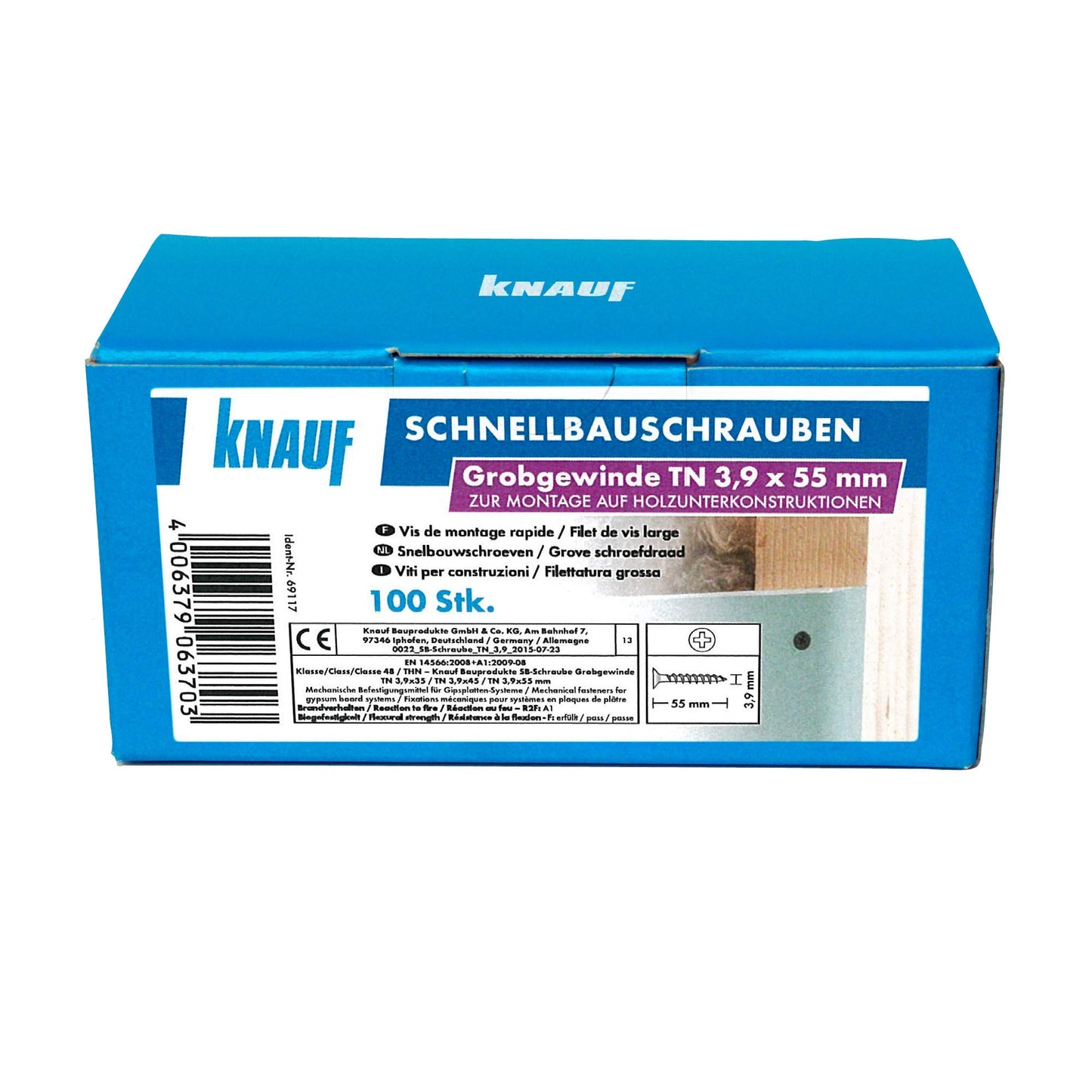 Knauf Vite per cartongesso TN filettatura grossa per il fissaggio di lastre di gesso o pendenze su legno, viti per cartongesso, viti filettate grossolane, 3,9 mm x 55 mm (100 pezzi)