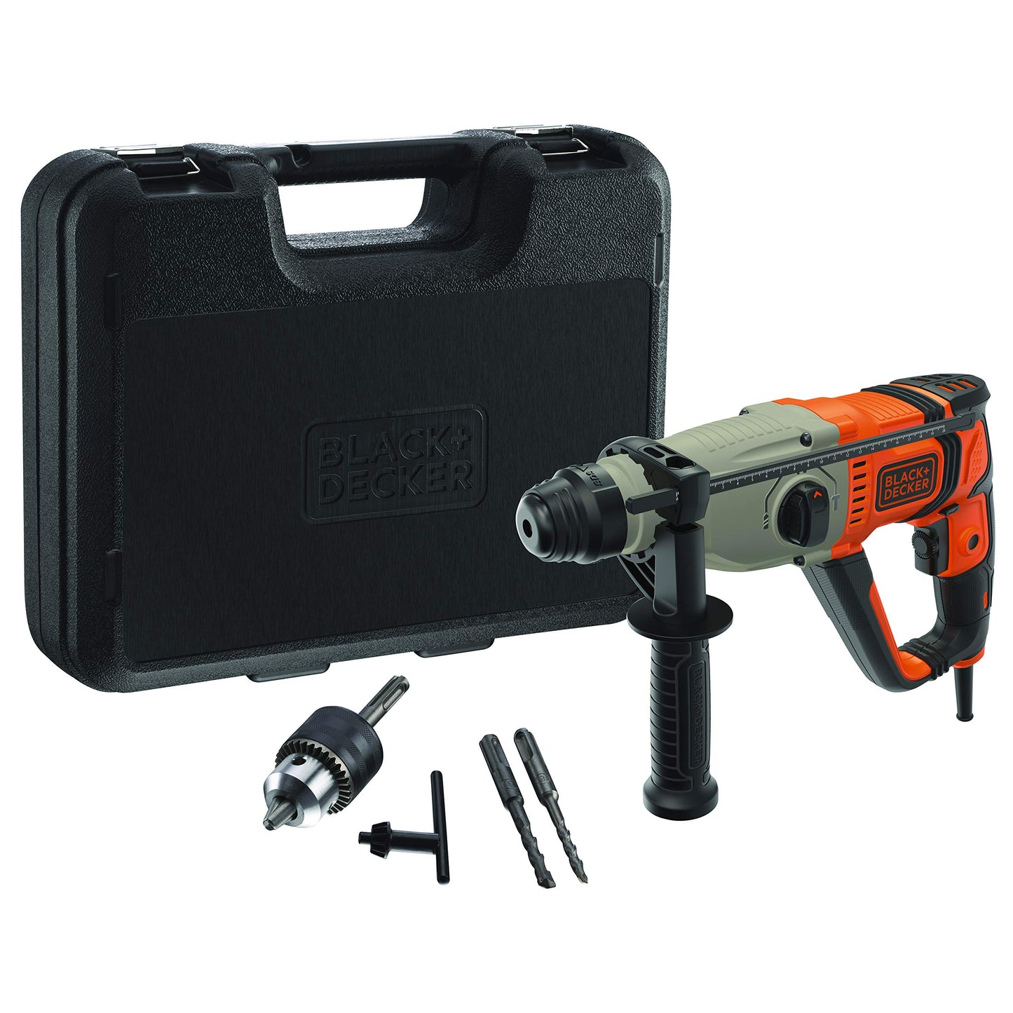 BLACK+DECKER MARTELLO TASSELLATORE/SCALPELLATORE SDS+ 800W, 2.2J EPTA, 0-5500 colpi/min. In dotazione: Extra mandrino 13mm, 2 punte SDS+ per muratura, Asta di profondità, Valigetta BEHS02K-QS