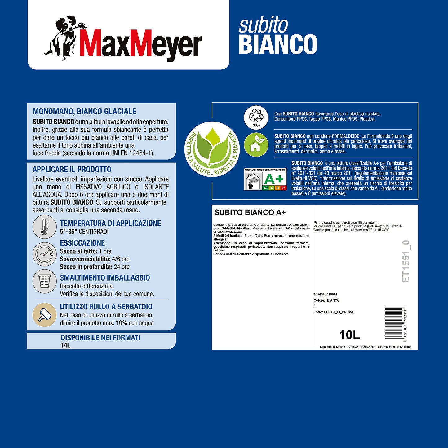 MaxMeyer Pittura per interni Lavabile A+ e priva di formaldeide, formula sbiancante, Subitobianco A+ BIANCO 10 L