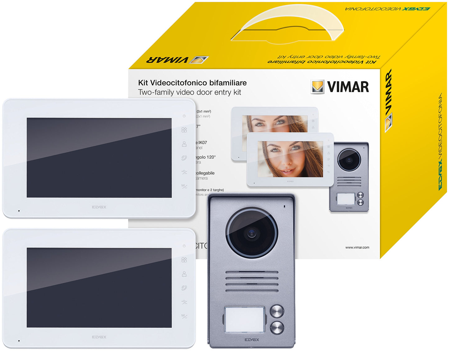 Vimar K40911 Kit Videocitofono Bifamiliare Con Alimentatori Multispina, ‎Attivazione con solo Movimento, Bianco / Grigio, ‎16 x 2 x 9 cm, 1.78 Kg