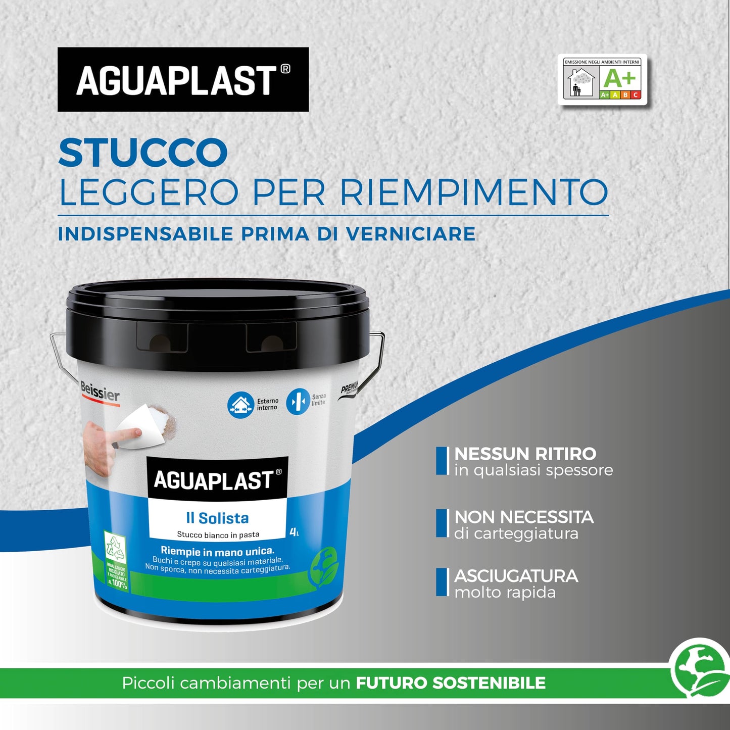 Aguaplast Il Solista, stucco leggero per riempire crepe e buchi in mano unica senza ritiro. Essicazione rapida 4lt