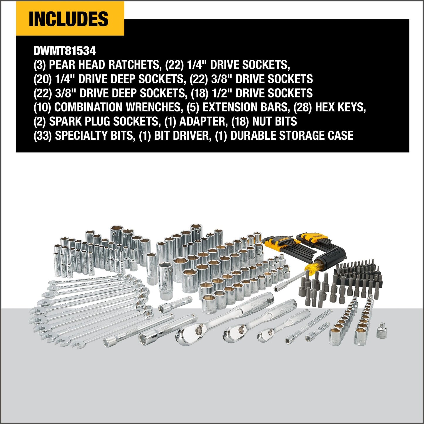 DEWALT Set di strumenti meccanici, unità da 1/4" e 3/8" e 1/2", SAE/Metric, 205 pezzi (DWMT81534)