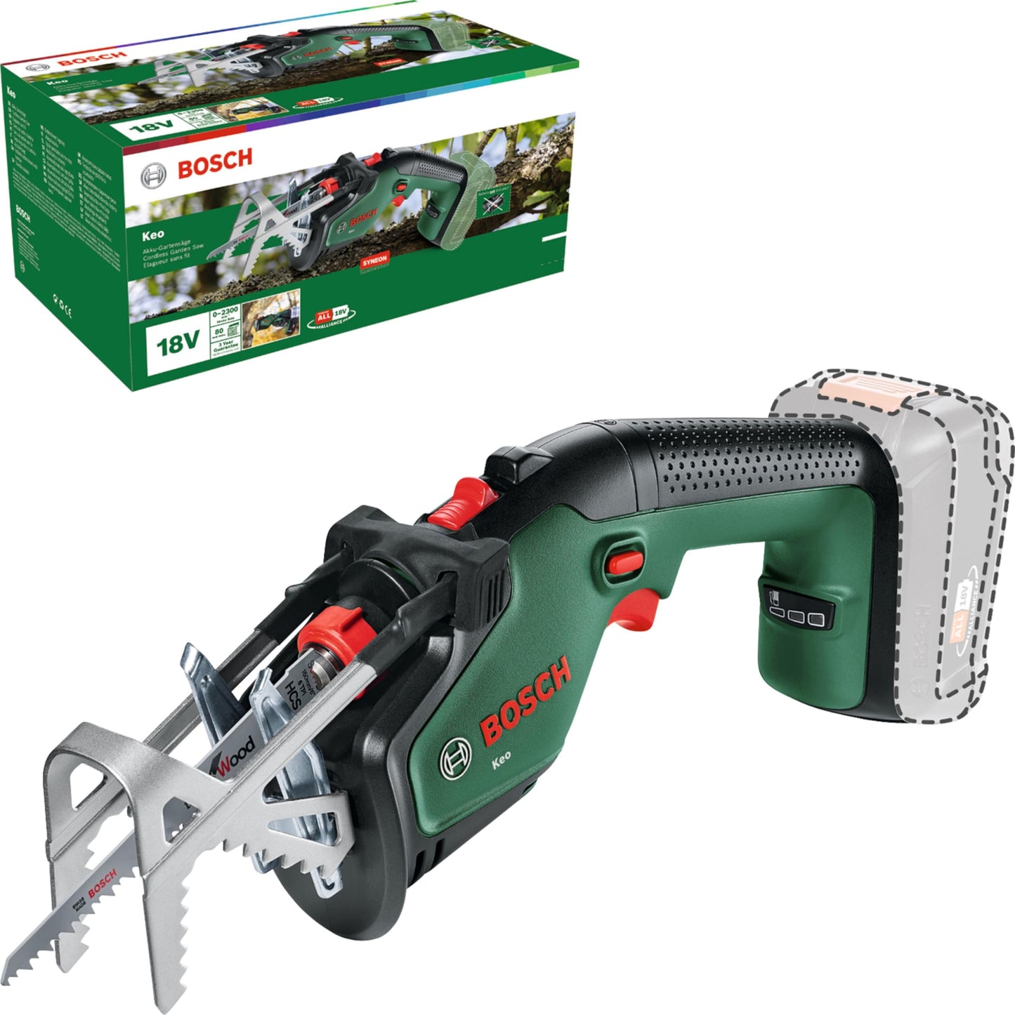 Bosch Home and Garden Sega da giardino a batteria Keo (senza batteria, sistema da 18 Volt, diametro di taglio 80 mm, con lama di precisione svizzera per legno inclusa, in confezione di cartone)