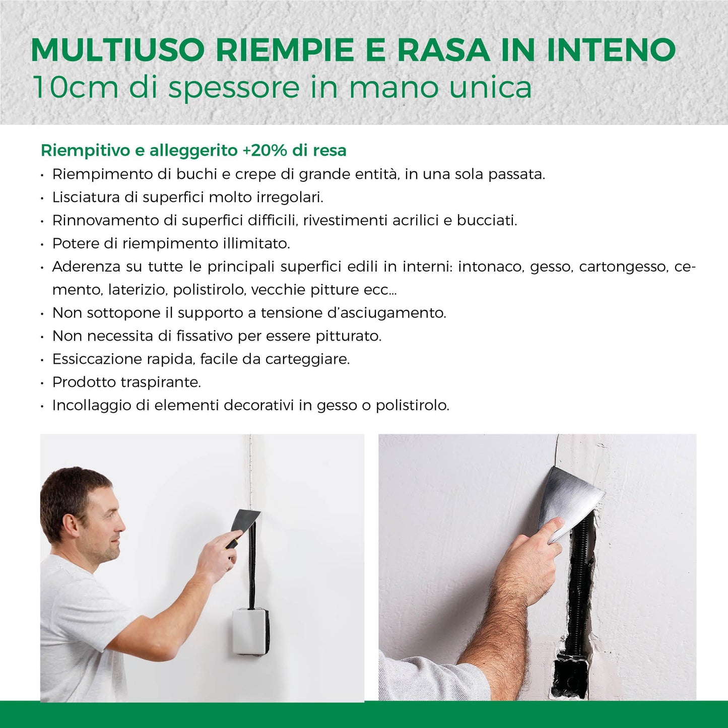 Aguaplast Alto Riempimento polvere, stucco per interni in alti spessori. 10 cm di spessore in mano unica. 4kg